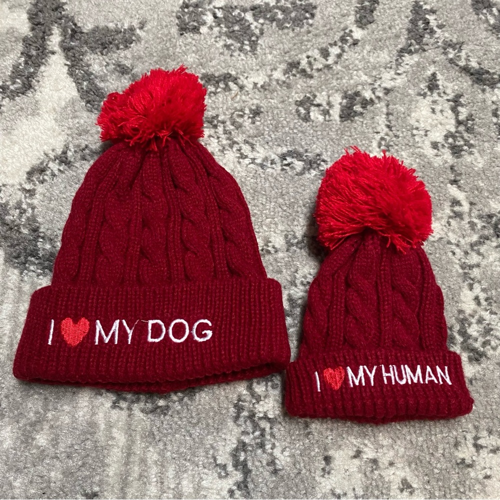 NWOT Red I love my dog, I love my human cableknit sweater winter beanie hat